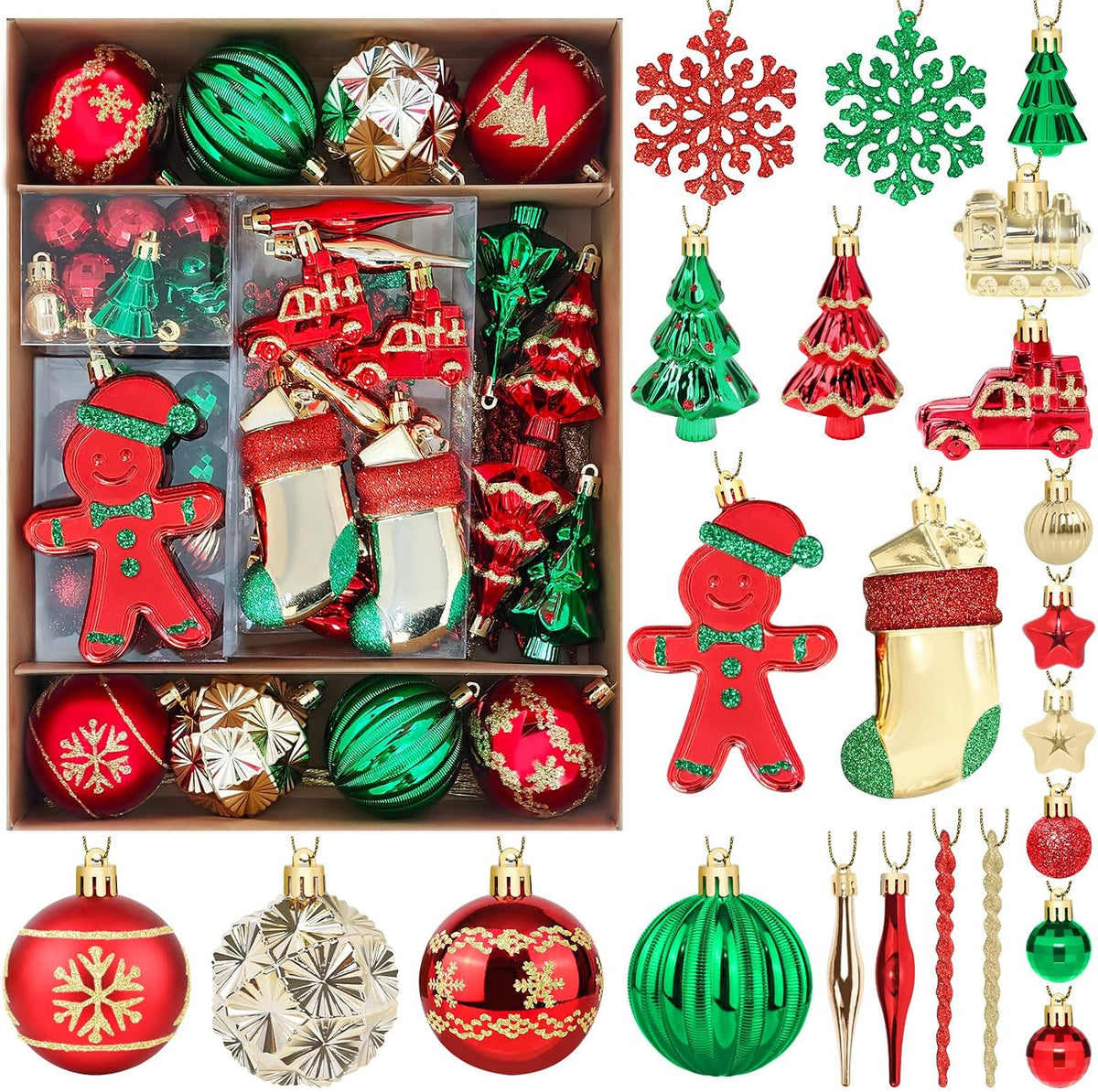 FestiveBliss Christmas Ornaments 71 Count, Red & Green