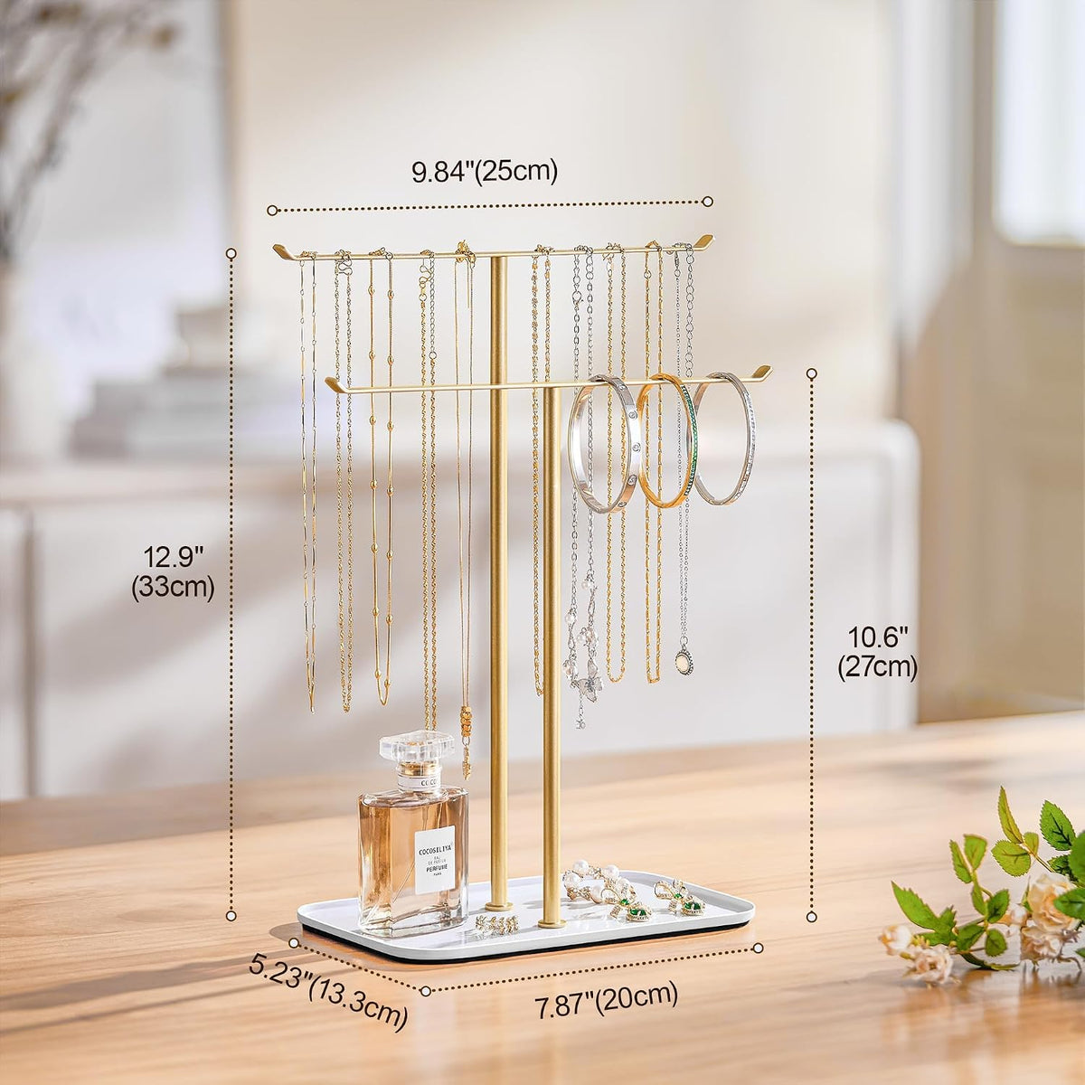 pickpiff Necklace Holder Jewelry Organizer Stand – 2‑Tier T‑Bar Jewelry Display Tree with Tray for Countertop Necklace Bracelet Earring Storage, Vanity Dresser Bathroom Sink, Gold