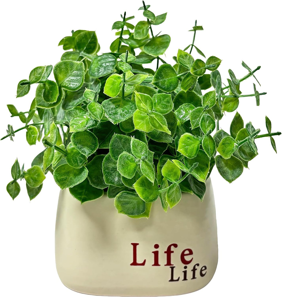 Small Fake Plant in Pot, 7" Artificial Plant Indoor, Fake Eucalyptus Stems with Ceramic Vase, Faux Greenery Eucalyptus Bathroom Decor for House Office Desk