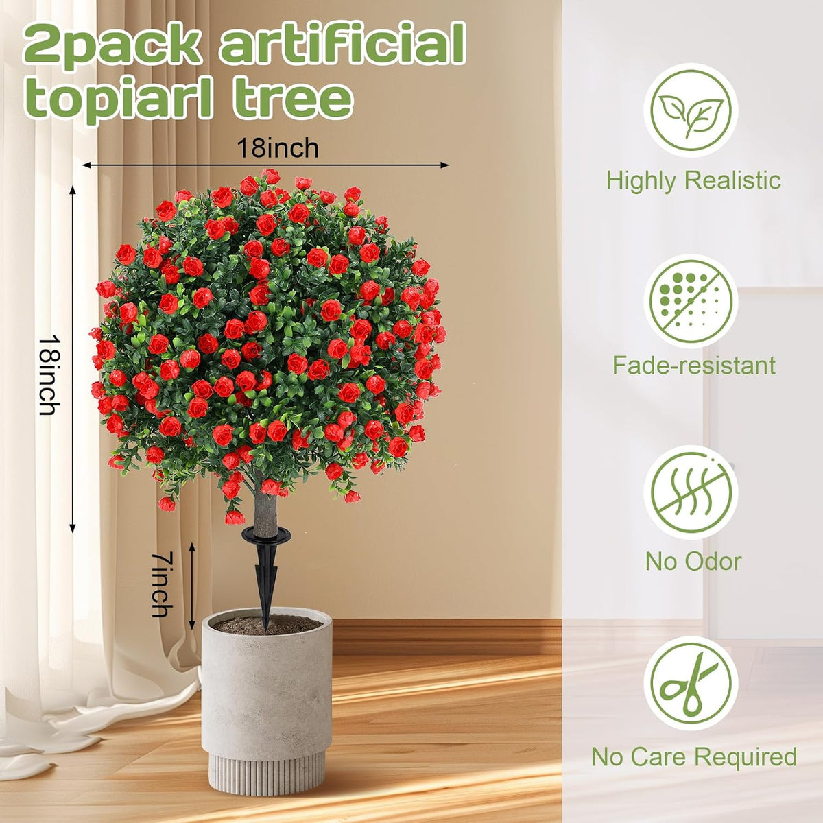 Set of 2 Artificial Red Rose Topiary Ball Tree,25" with Ground Spike