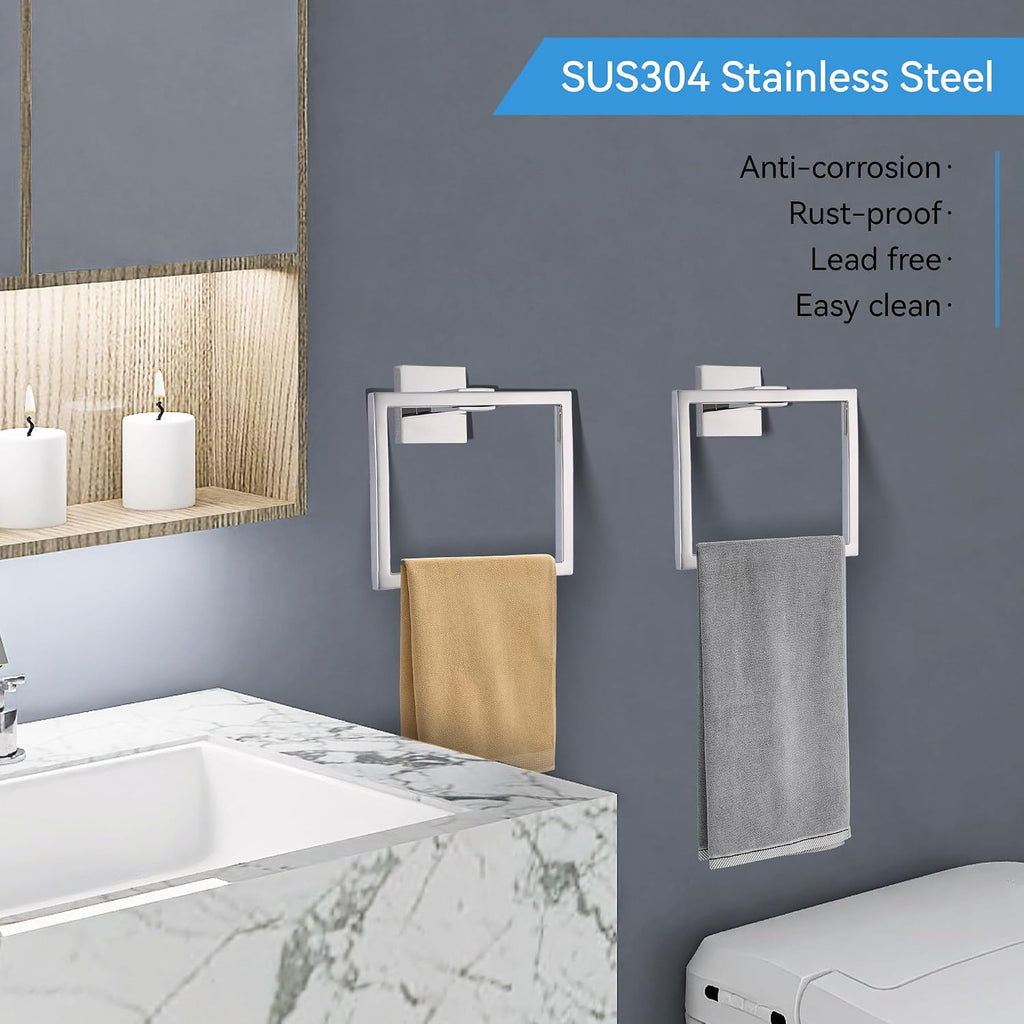 LANC Hand Towel Rings for Bathroom Wall Mount Chrome Polished Square Hand Towel Holder for Lavatory Bathroom Hardware Accessories Stainless Steel Modern Style Shower Towel Towel Racks Hanger, A8896CP