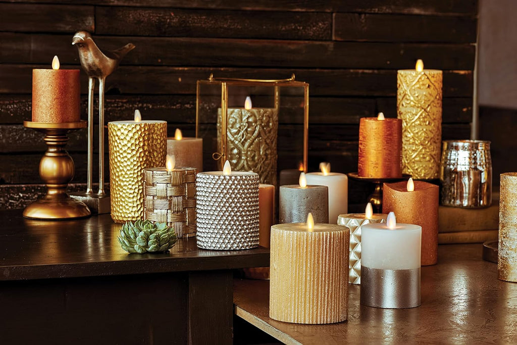 Luminara - Flameless Flickering Real Wax Moving Flame Battery Operated Unscented Candle LED Décor & Gift- Embossed Pillar Collection - Everyday Metallic Furrow, Champagne (3.25" x 6.5")