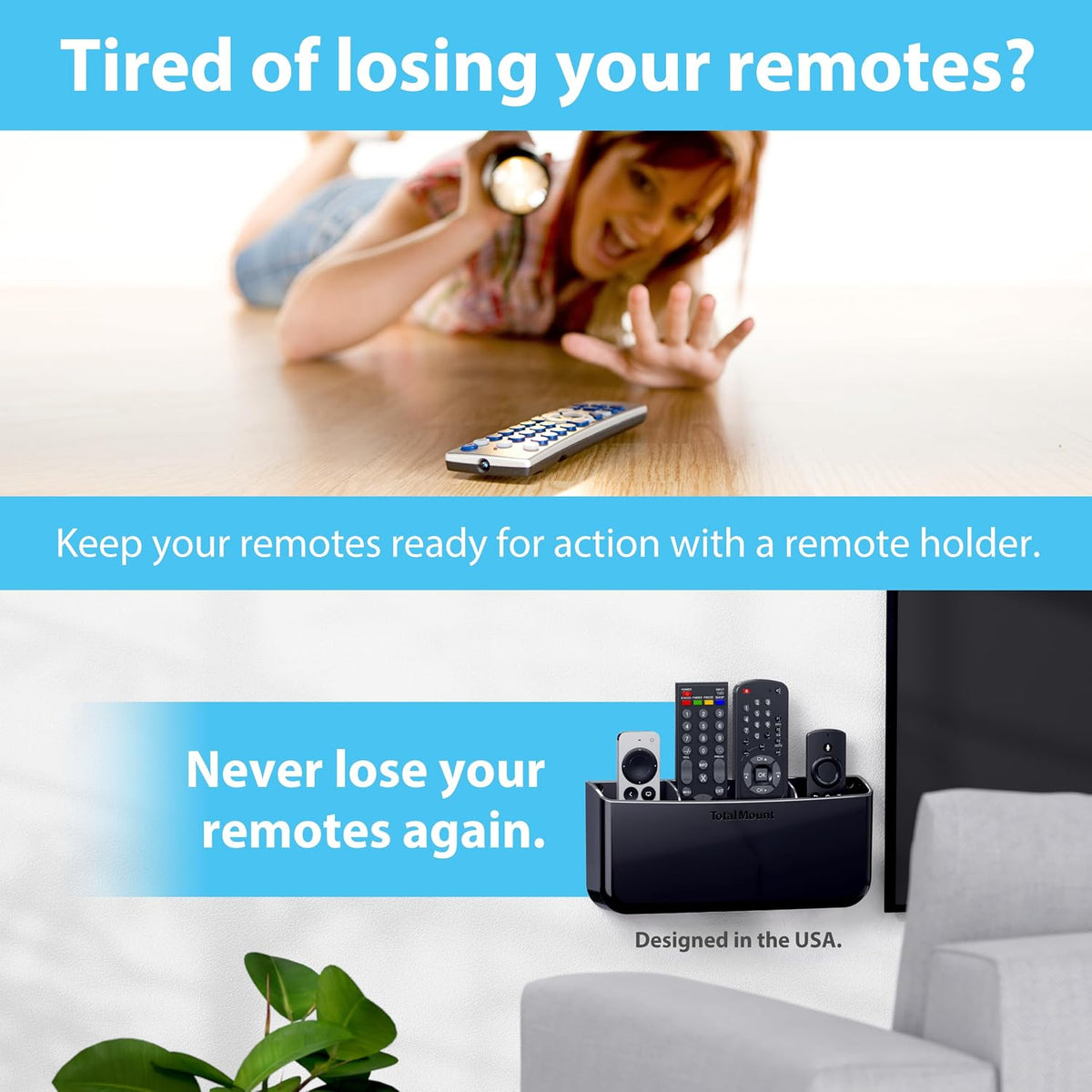 TotalMount Drop-Free Remote Holder – Removable Adhesive Strips – XL Black