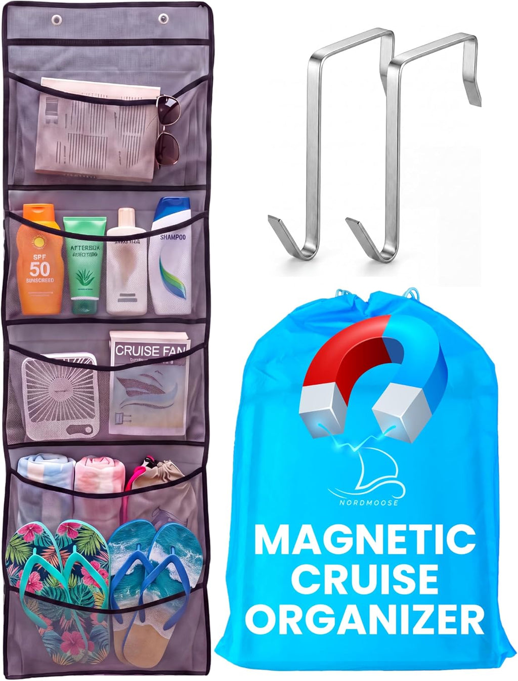 Magnetic Cruise Organizer 5 Pockets, 51" x 13" With Pocket Size 8" x 12,5" - Over The Door Organizer For Cruise Ships, Magnetic + Hook Mount, Large Durable Pockets for Cruise Essentials 2027
