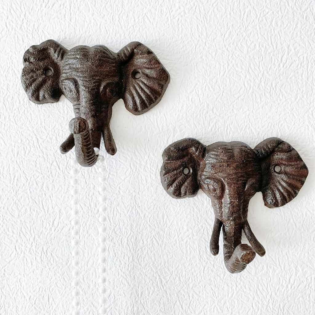 Rustic Elephant-Shaped Decorative Wall Hook Rack Hangers for Hanging Clothes, Coats, Towels, Keys, and Hats, 2-Pack Antique Cast Iron Mounted Wall Hooks