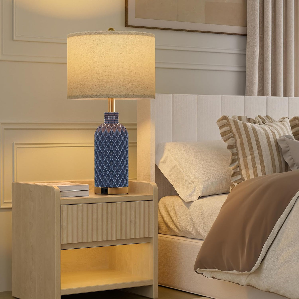 SIBRILLE 25" Ceramic Table Lamps Set of 2, Blue, USB-C/USB-A & AC Outlet