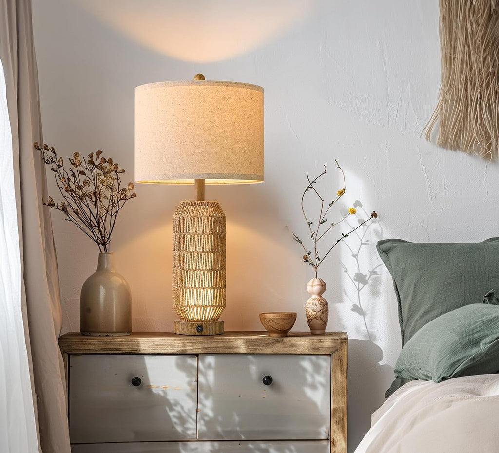 OYEARS 25" Table Lamps Set of 2 with Night Light,Bedside Lamps for Bedroom,Boho Lamps with USB C+A Charging Ports,Farmhouse Table Lamp with Rattan,Frosted Glass,Linen Shade (Wood Grain,Bulb Included)