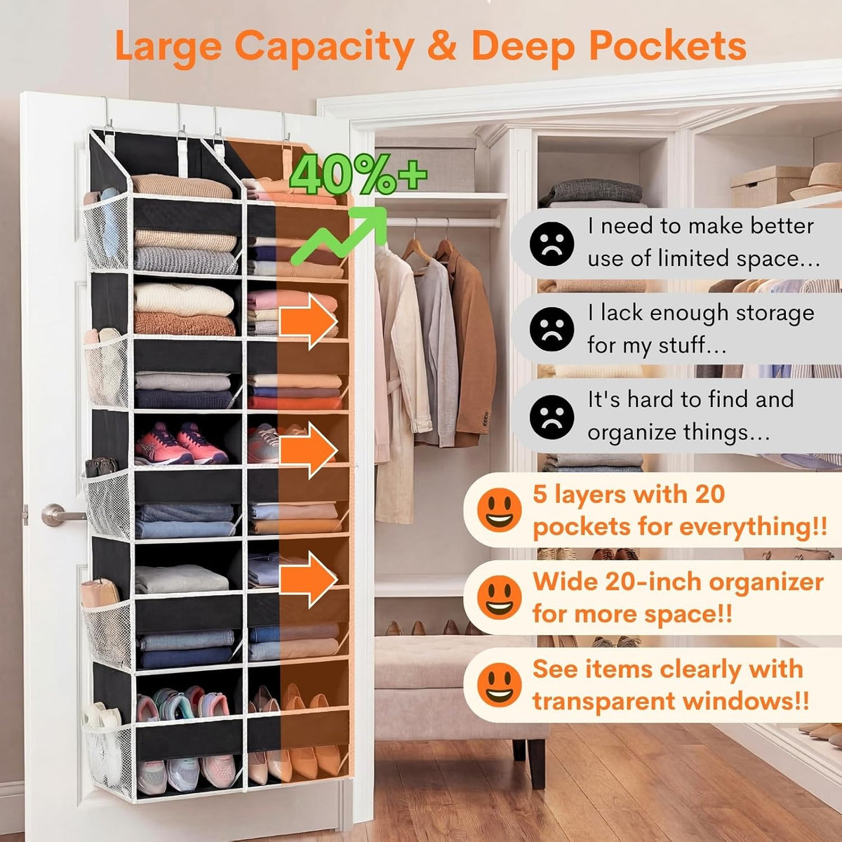 Over the Door Organizer 5 Tiers, Extra Large Behind Door Storage of 10 Compartments, 80 lbs Weight Capacity Hanging Storage Organizer with Clear Window Kids Toys, Shoes, Diapers, Room storage