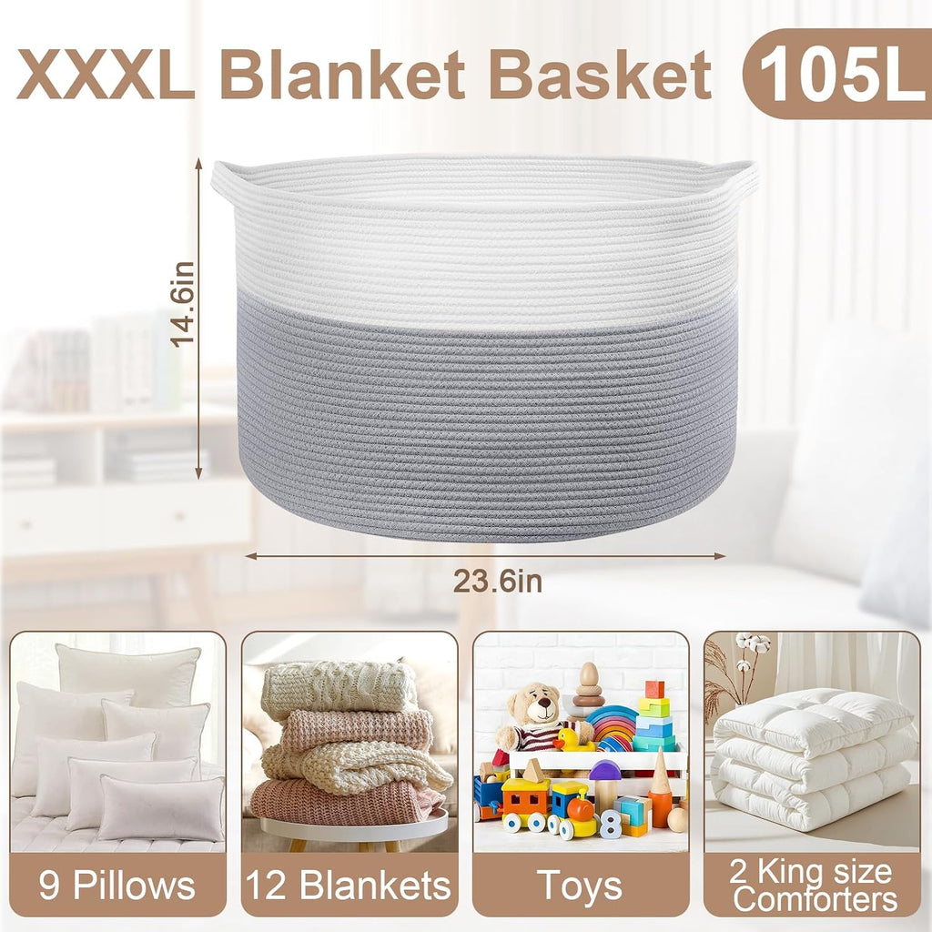 XXXL Large Laundry Basket, 105L Soft Cotton Rope Basket, Blanket Storage and Organizers, Baby Nursery Laundry Hamper, Extra Large Toys Storage Bins for Kids 23.6'' x 14.6'', White & Gray