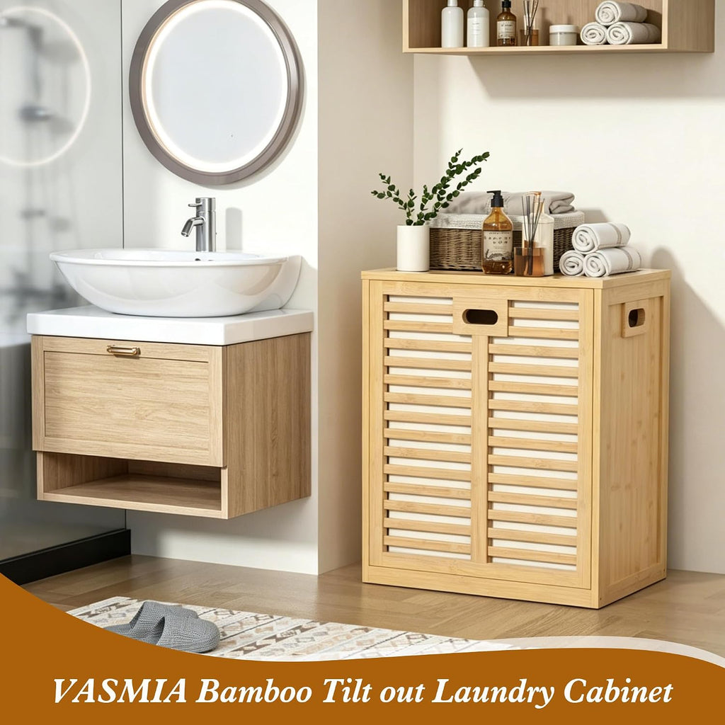 VASMIA Tilt Out Laundry Hamper, Bamboo Laundry Cabinet with Hidden Removable Basket,Dirty Clothes Storage Organizer for Bedroom, Bathroom, Living Room, Natural