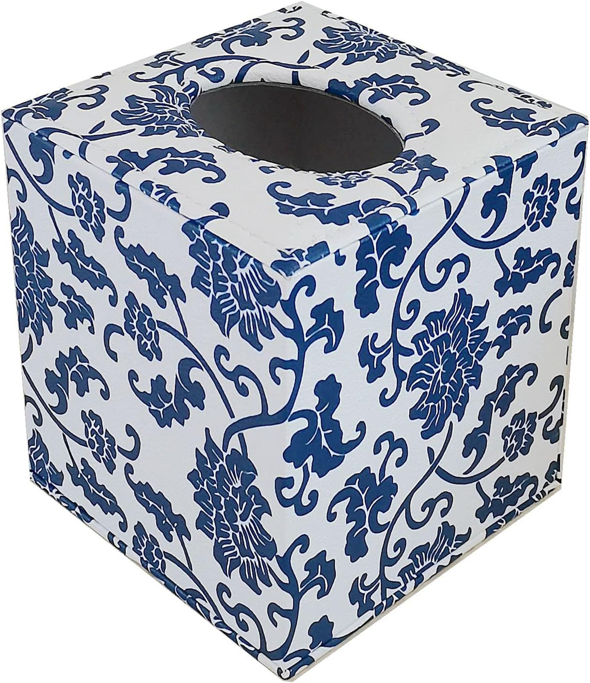 S Forever Home Decor Flower Pattern Faux Leather Tissue Box Cover (Square,Blue and White Porcelain)