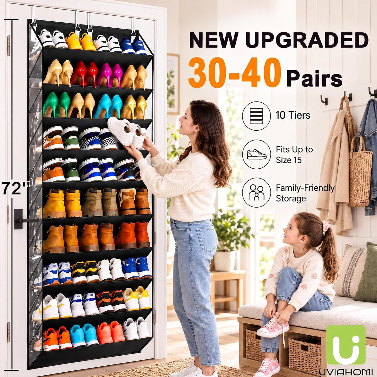 UVIAHOMI 30-40 Pairs Over the Door Shoe Organizer, 10 Tiers Fit Tall Boots