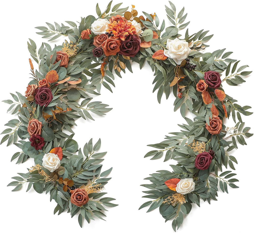 Floroom 6ft Artificial Eucalyptus Garland with Flowers Fake Greenery Burnt Orange Faux Floral Vine Garland for Table Decor Wedding Centerpieces Bridal Shower Party Decorations, Terracotta
