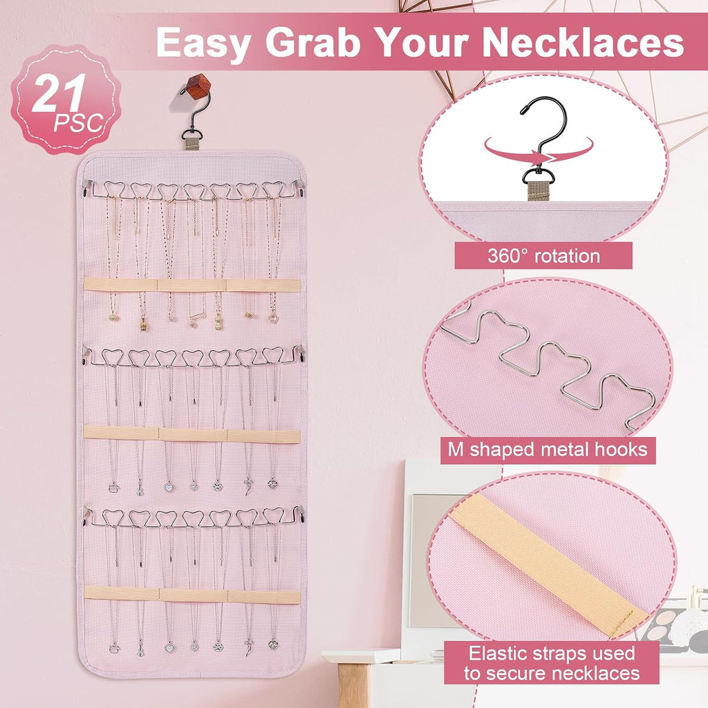 Dynoro Double-Sided Hanging Jewelry Organizer, Large Pink Storage Roll for Earrings, Necklaces, Rings, 48 Pockets 21 Hooks, Durable Oxford Fabric for Closet, Wall, Door, 1 piece, Jewelry Not Included