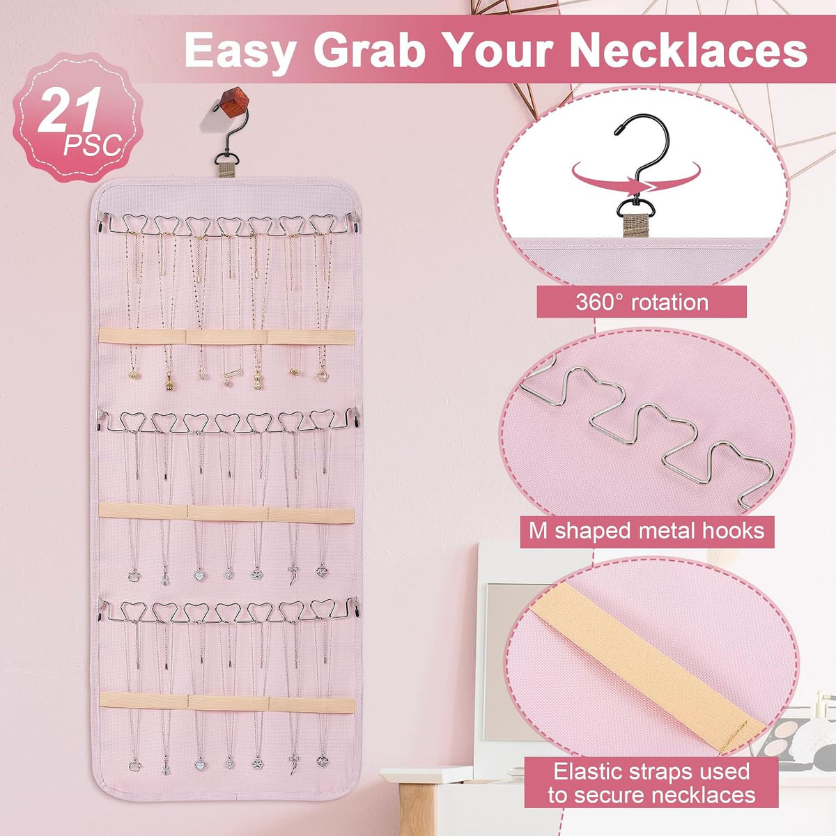 Dynoro Double-Sided Hanging Jewelry Organizer, Large Pink Storage Roll for Earrings, Necklaces, Rings, 48 Pockets 21 Hooks, Durable Oxford Fabric for Closet, Wall, Door, 1 piece, Jewelry Not Included