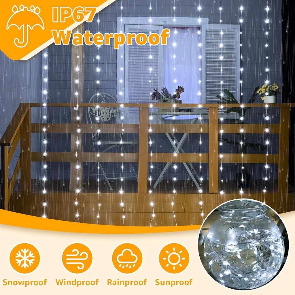 Ollny Curtain Lights 300LED 9.8ftx9.8ft, Connectable IP67 Waterproof