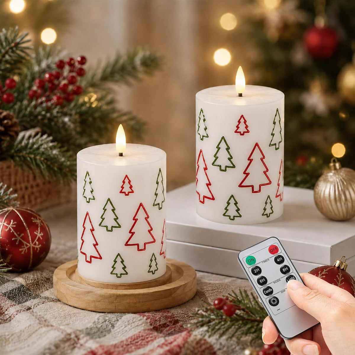 Christmas Tree Flameless Candles Set of 2, LED Battery Candles with Remote