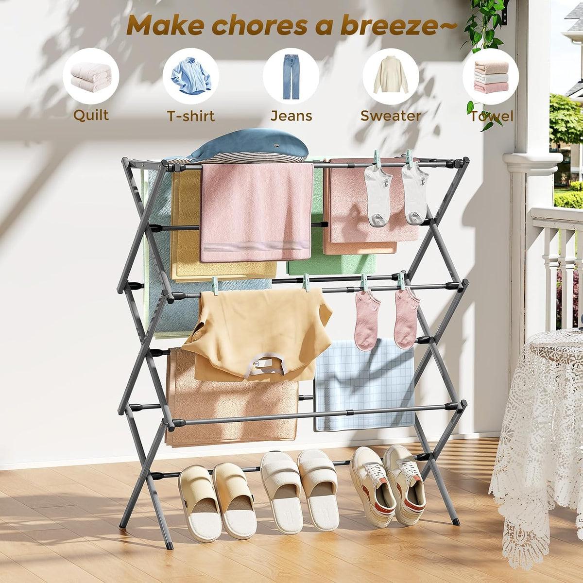 KINGBOARD Clothes Drying Rack, 3-Tier Foldable Extendable, Grey