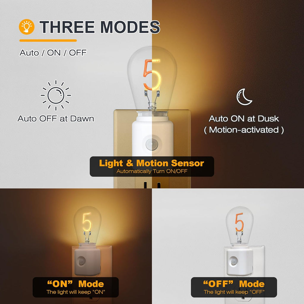 LED Motion Sensor Night Light,[2-Pack] Night Lights Plug into Wall,Motion-Activated Night Light,2200K Amber,10-100lm Brightness Dimmable,Nightlight for Bathroom Hallway
