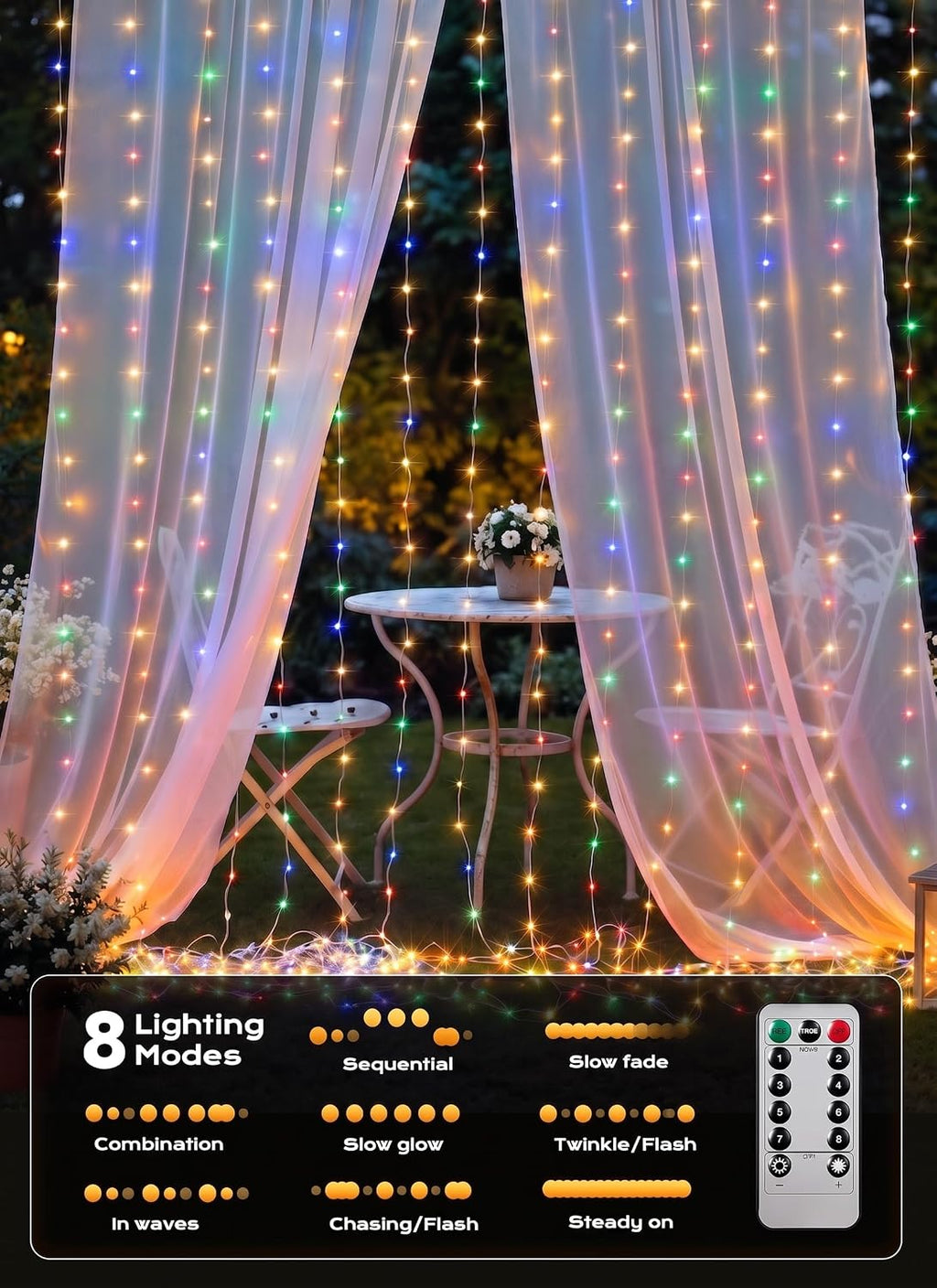 Brightown 300 LED Curtain String Lights, 9.8 FT Hanging Fairy Lights with Remote, 8 Modes, Waterproof Window Lights for Bedroom Backdrop Wedding Outdoor Christmas Decoration, Multicolor