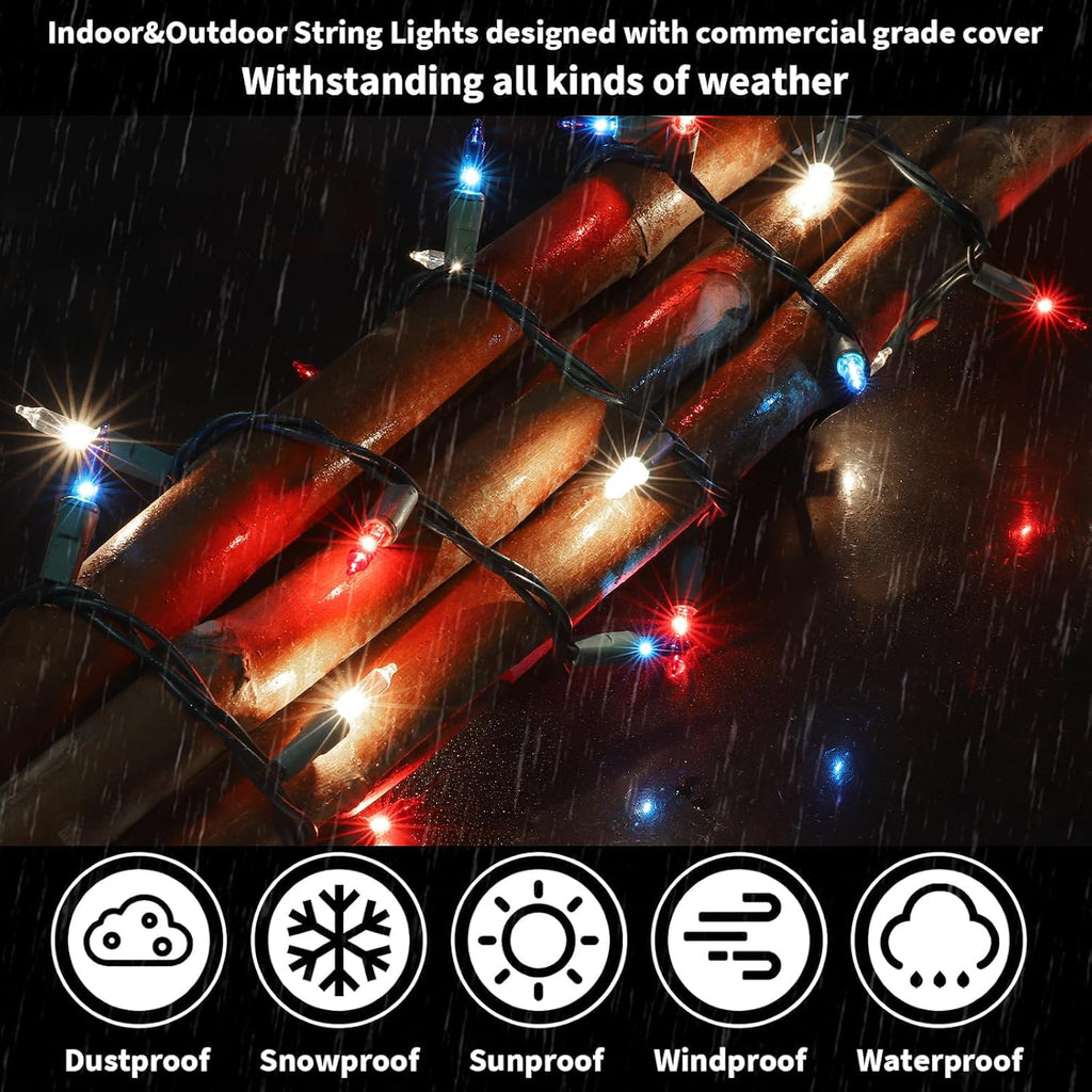 LAMPHOME Red White and Blue Patriotic Mini String Lights, 31.9FT 150 Incandescent Lights, Connectable 120V Waterproof Green Wire, 4th of July Independence Day Decor for Indoor Outdoor Christmas Party