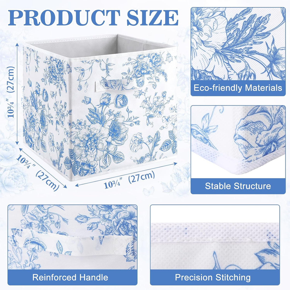 Geelin 6 Pcs Blue and Blue Floral Cube Storage Bins 11 Inch Storage Basket