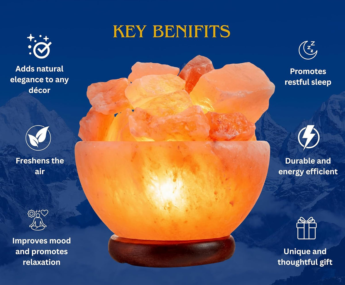 Spantik Himalayan Salt Lamp Bowl with Natural Crystal Chunks, Dimmer Cord and Classic Wood Base Premium Quality Authentic from Pakistan