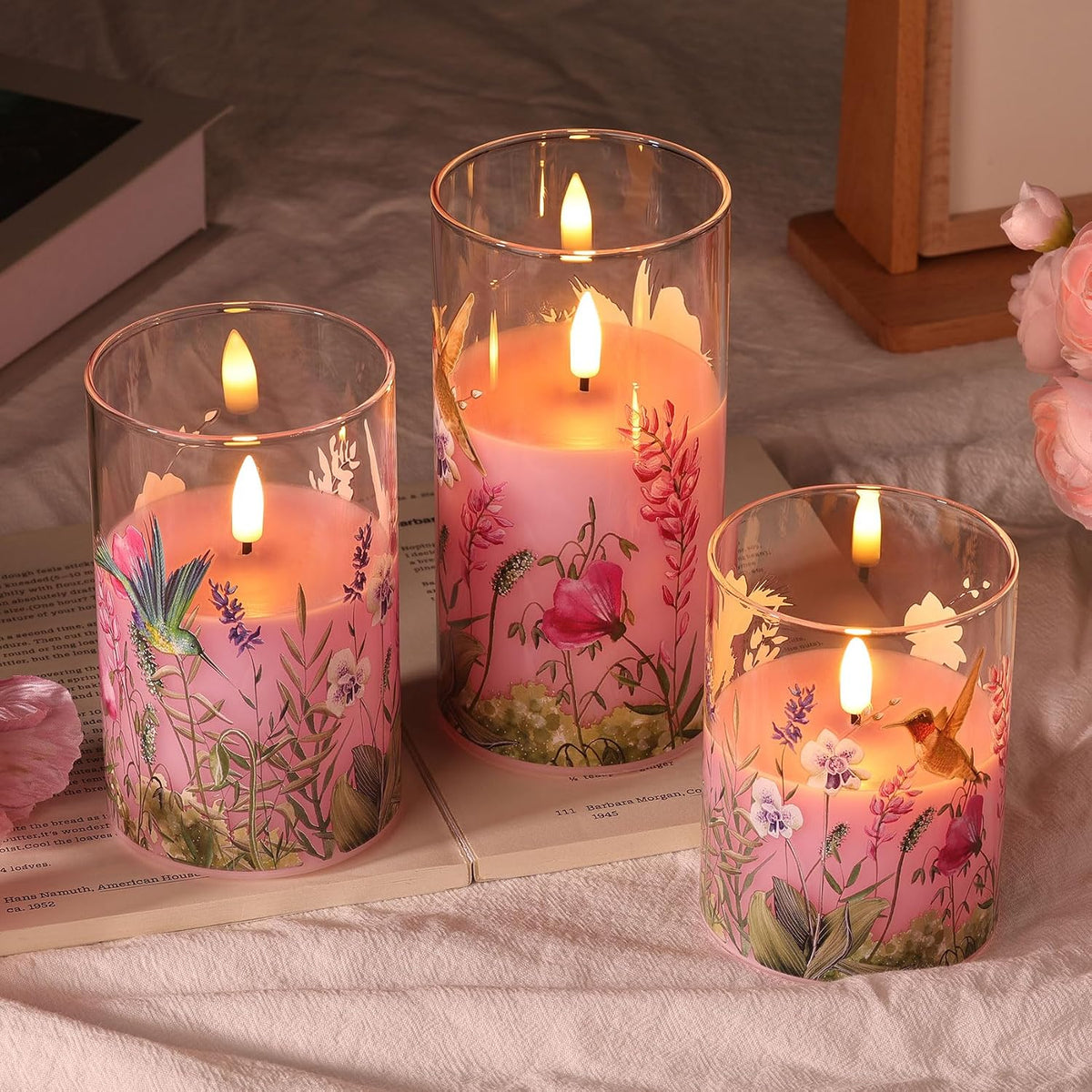 Pink Hummingbird Floral Glass LED Candles with Remote Set of 3