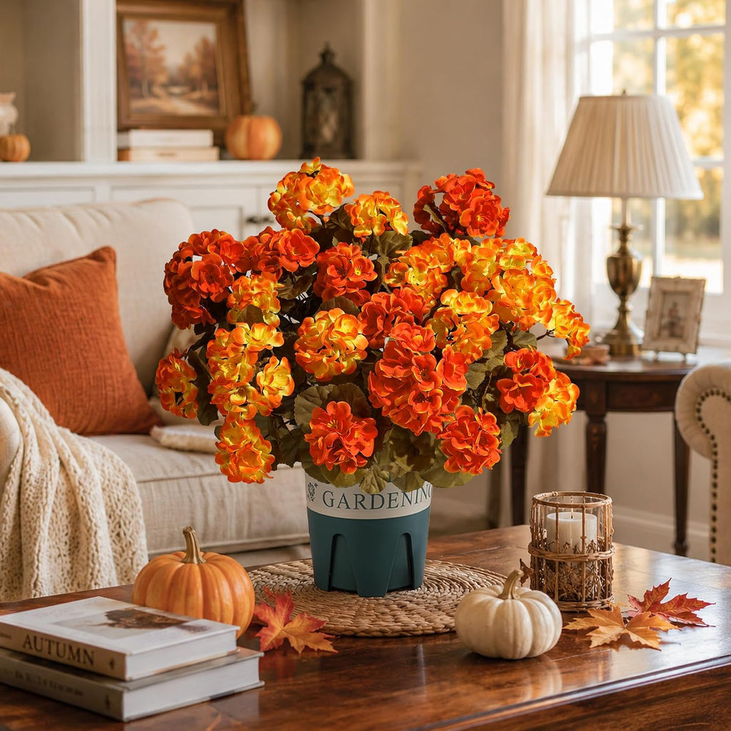 Geraniums Fall Flowers Artificial Flowers for Outdoors Autumn Decor, 2 Pack Potted Plants Faux Geraniums Bush Realistic UV Resistant Fake Flowers Greenery for Front Door Porch Patio Yard Indoor, Mix