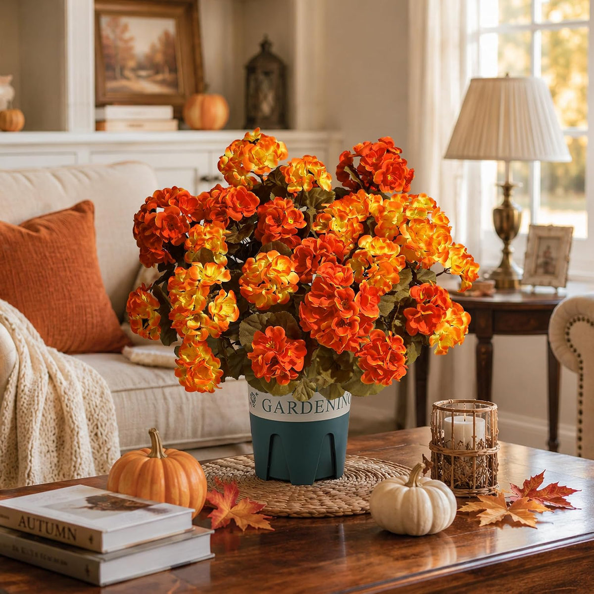 Geraniums Fall Flowers Artificial Flowers for Outdoors Autumn Decor, 2 Pack Potted Plants Faux Geraniums Bush Realistic UV Resistant Fake Flowers Greenery for Front Door Porch Patio Yard Indoor, Mix