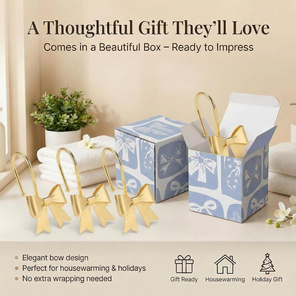 Bow Shower Curtain Hooks, 12-Pack Gold Metal Decorative Bow Knot Rings