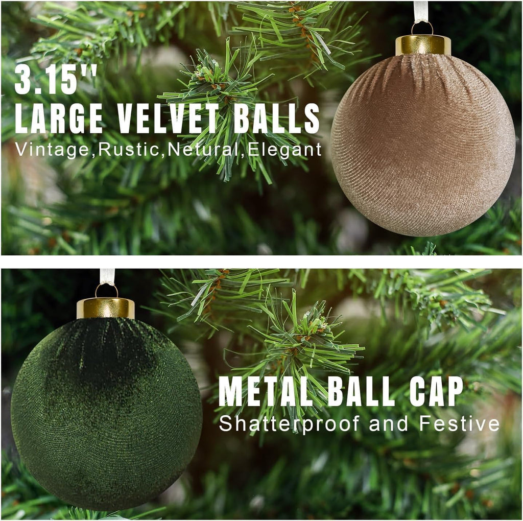 15Pcs 3.15" Large Green and Brown Velvet Balls Ornaments for Christmas Tree