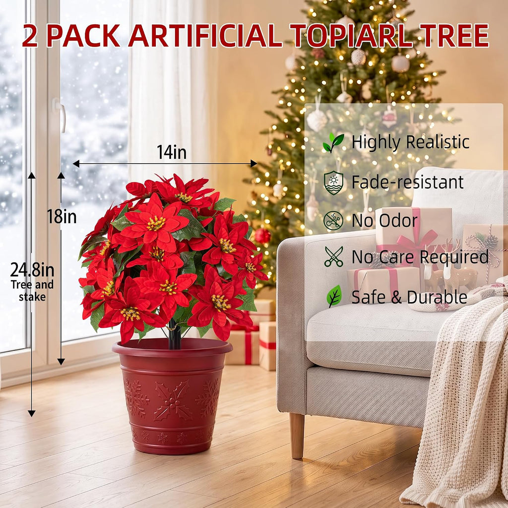 Artificial Christmas Poinsettia Flower Topiary Shrubs, Faux Greenery Ball Bush for Christmas Decoration,24.8" Fake Tree with Ground Spike,UV Resistant Plants for Front Porch Outdoor Decor,Set of 2