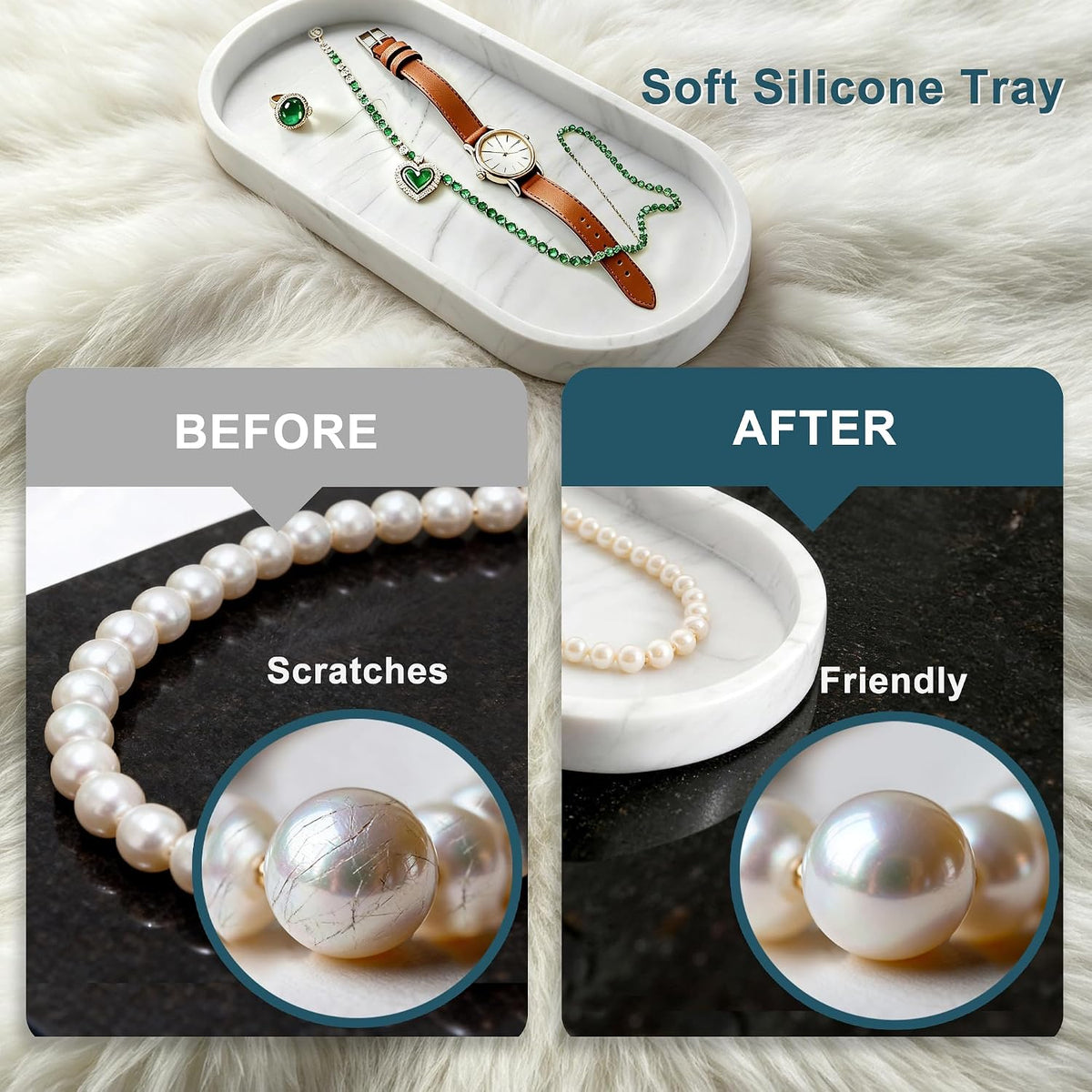HO2ME Silicone Marble Pattern Tray, 2-Pack, Flexible Organizer, Crisp White