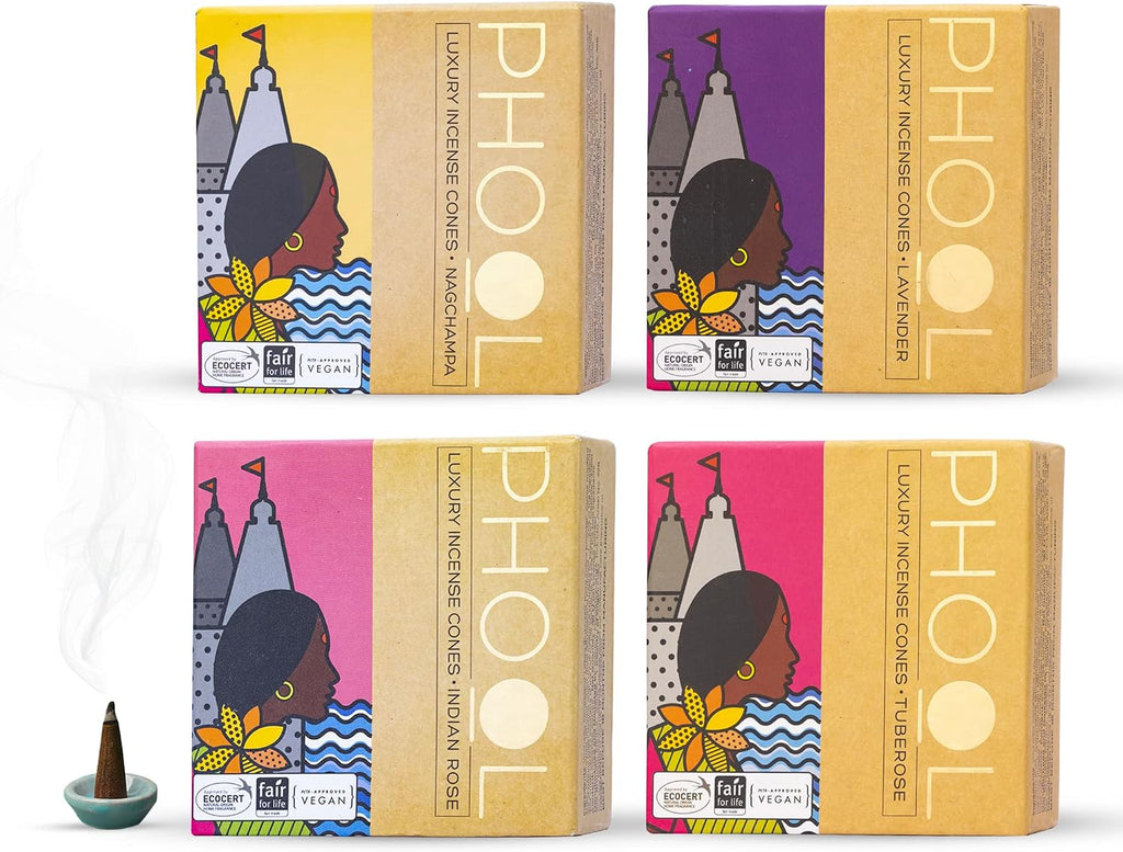 PHOOL LUXURY INCENSE Natural Incense Cones (Bundle Pack of 4) I Special Pack Floral Fragrances - Indian Rose, Tuberose, Lavender, Nagchampa I Organic Dhoop Cones I Chemical & Charcoal Free
