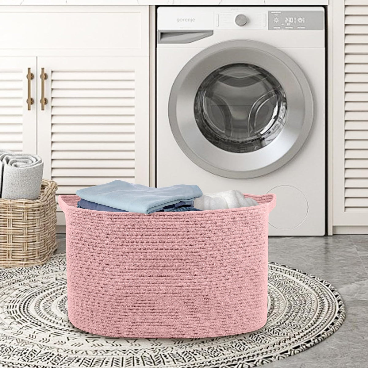 MEGASKET Extra Large Pink Storage Basket, 23.6" x 17" x 12" Rectangle Blanket Basket Living Room, Woven Cotton Rope Basket, Toy Basket Bins, Pink Baskets for Decor, Wicker Baby Laundry Basket