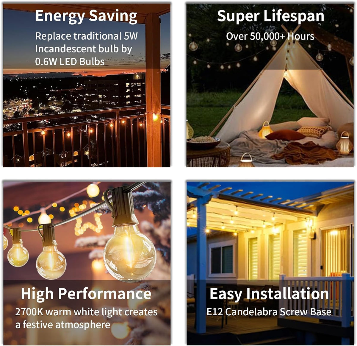 25FT Outdoor String Lights Waterproof Shatterproof G40 LED Globe