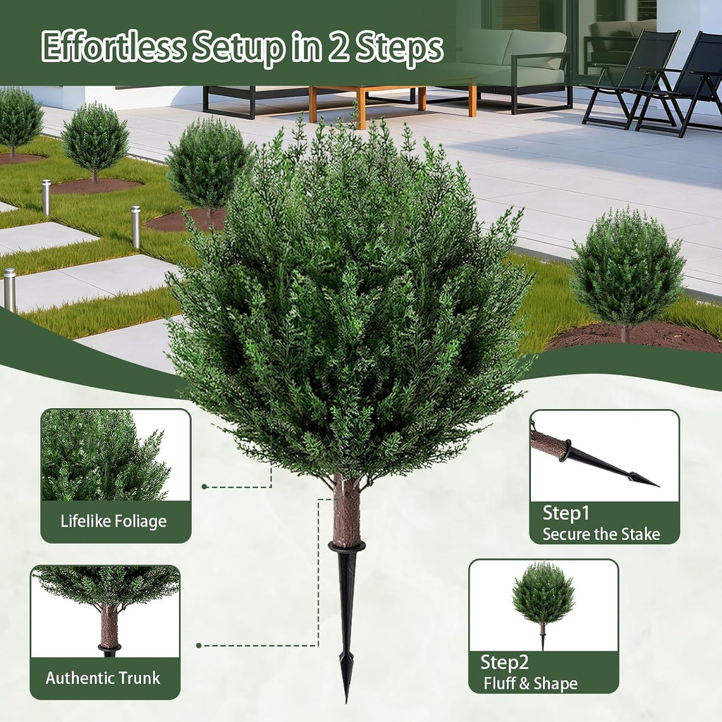 2 Pack 2FT Artificial Cedar Topiary Trees with Ground Spike, Fake Pine Shrubs Bushes, UV Resistant Faux Evergreen Cypress Tree Plants for Indoor Outdoor Planters Front Porch
