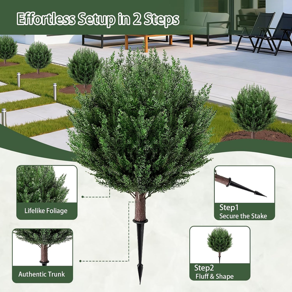 2 Pack 2FT Artificial Cedar Topiary Trees with Ground Spike, Fake Pine Shrubs Bushes, UV Resistant Faux Evergreen Cypress Tree Plants for Indoor Outdoor Planters Front Porch