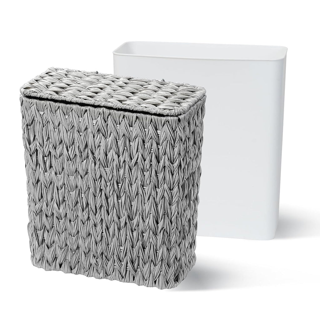 Coeusy Wicker Trash Can with Lid & Liner, Small Bathroom Waste Basket, Grey