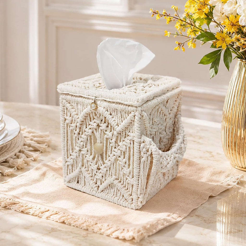 Macrame Tissue Box Cover, Boho Square Tissue Holder, Handmade Woven Cotton Rope Decorative Facial Tissue Dispenser for Bathroom Vanity, Living Room, Bedroom and Office, Off-White