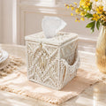 Macrame Tissue Box Cover, Boho Square Tissue Holder, Handmade Woven Cotton Rope Decorative Facial Tissue Dispenser for Bathroom Vanity, Living Room, Bedroom and Office, Off-White