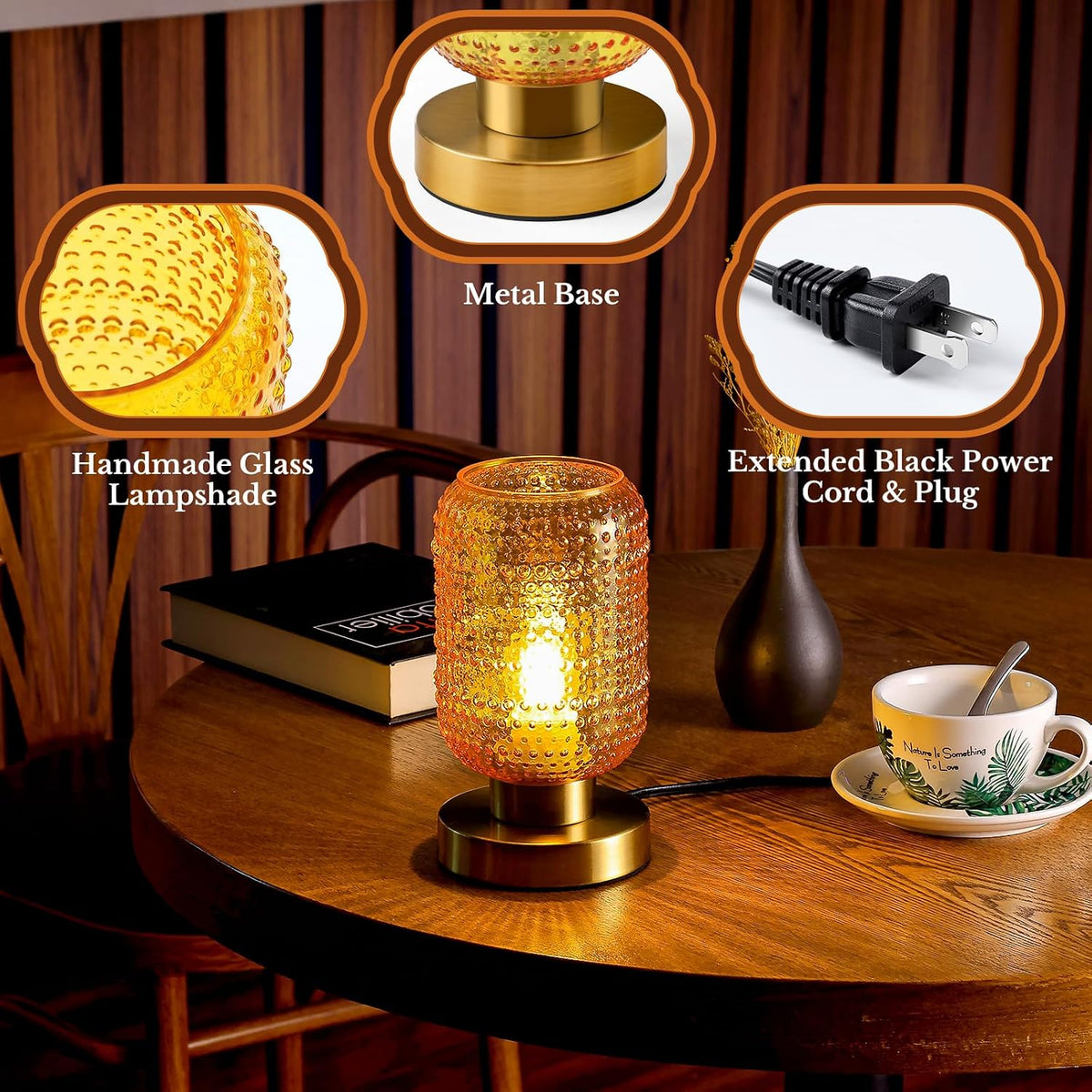 ZYER 8.9in Amber Table Lamp, Touch Control Lamp, Small Vintage Lamp
