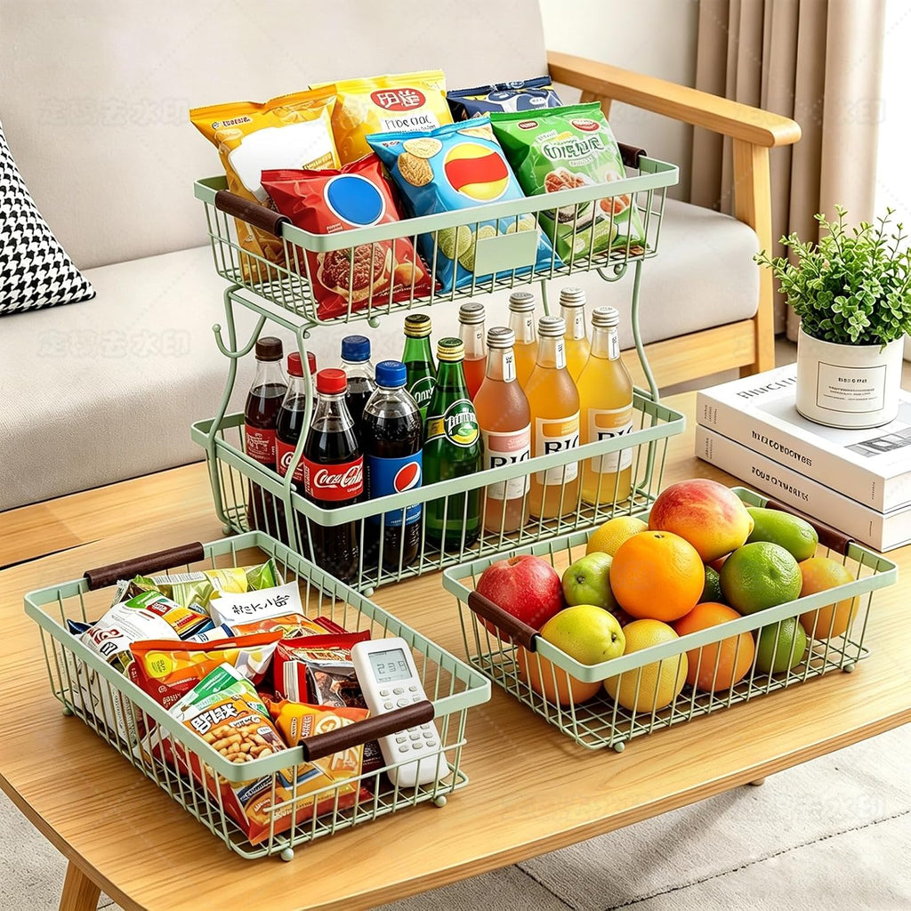 2-Tier Stackable Wire Basket with 2 Banana Hooks, Pantry Organizer for Kitchen Countertops, Cabinets & Under-Sink Spaces; Ideal for Storing Snacks, Fruits, Veggies, Onions, Potatoes, & More,Green