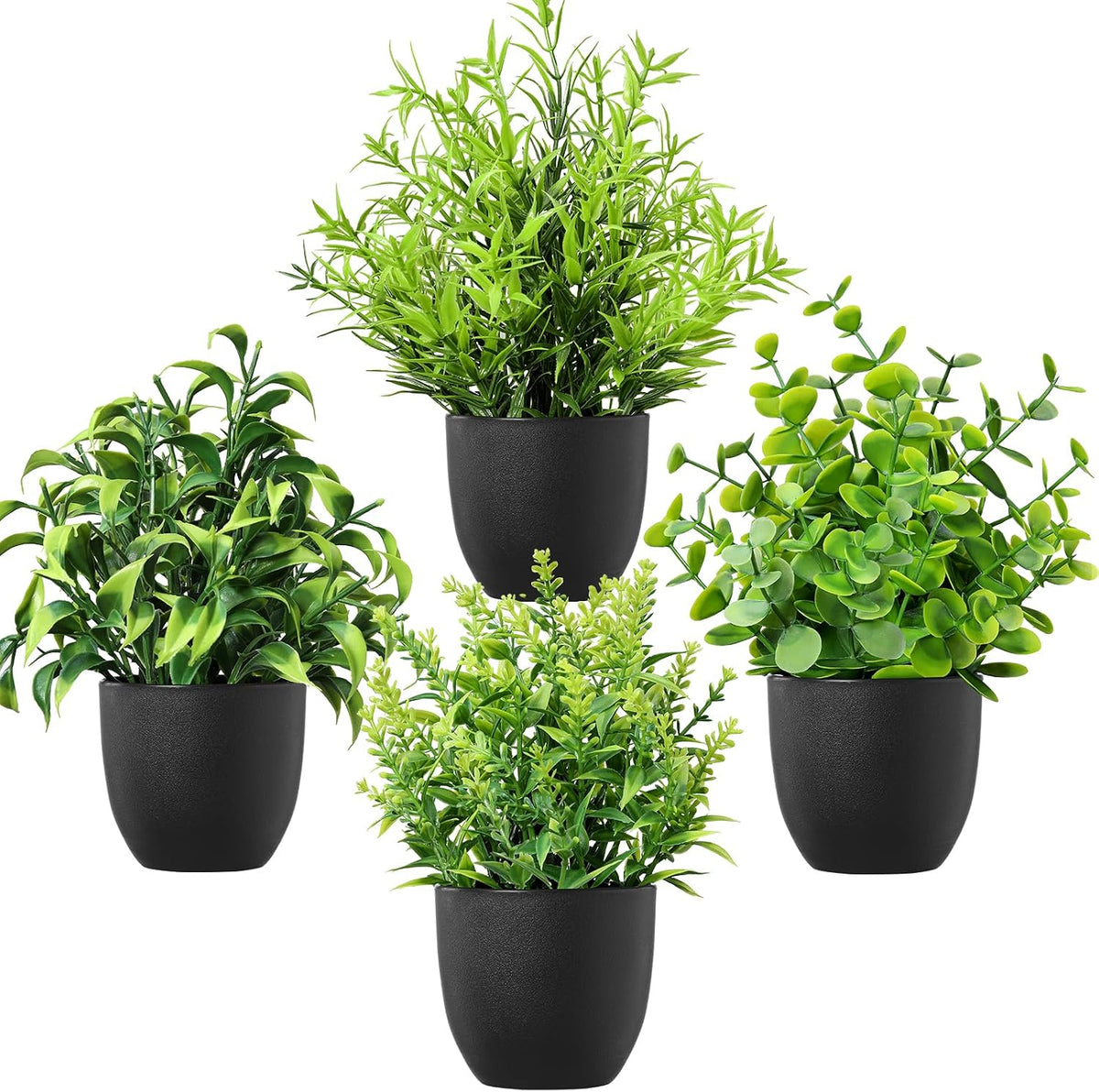 4 Pack Small Fake Plants in Black Pots Eucalyptus Leaf Mix