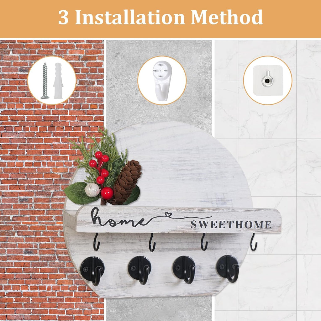 Key Holder for Wall, Key and Mail Holder Organizer - Key Holder Wall Mount with Bouquet Shelf and Key Hooks, Round Wooden Rustic Key Rack for Entryway and Home Decor (Pale White)