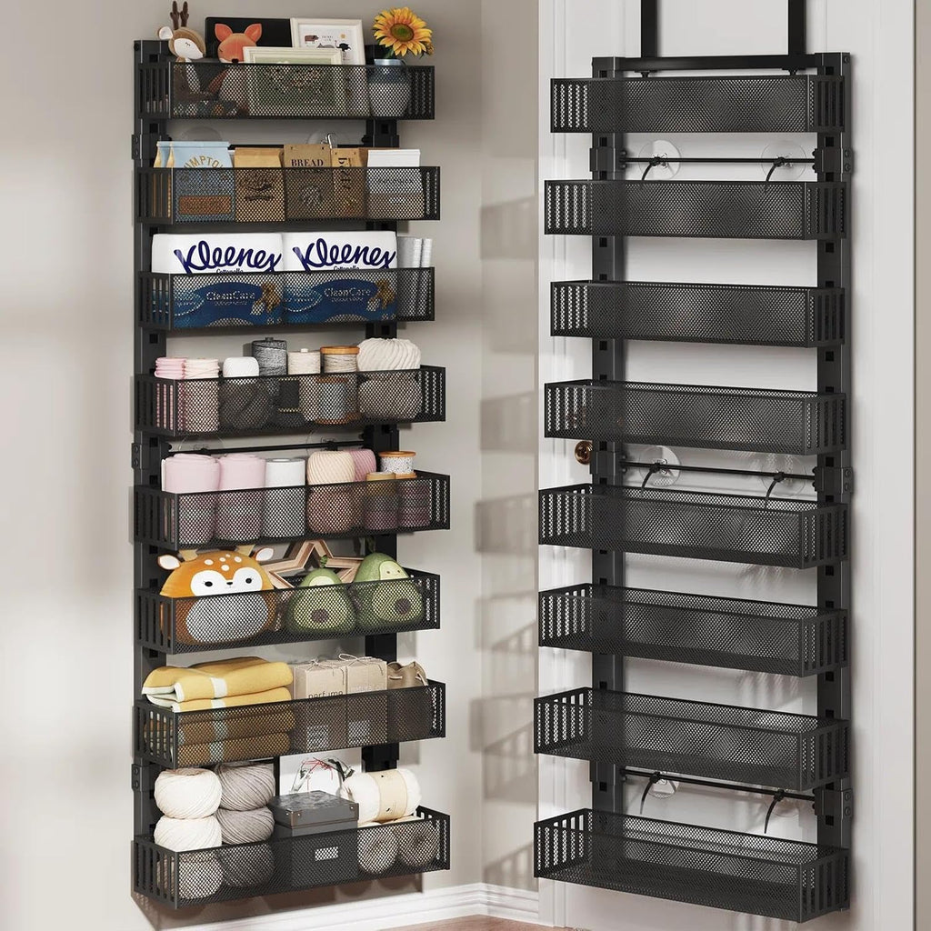 Over The Door Organizer, 8-Tier Heavy-Duty Metal Mesh Rack, Adjustable Large Baskets, 2-in-1 Hanging or Wall Mount Spice Rack, Behind The Door Organizer for Bedroom Closet Bathroom Pantry Kitchen