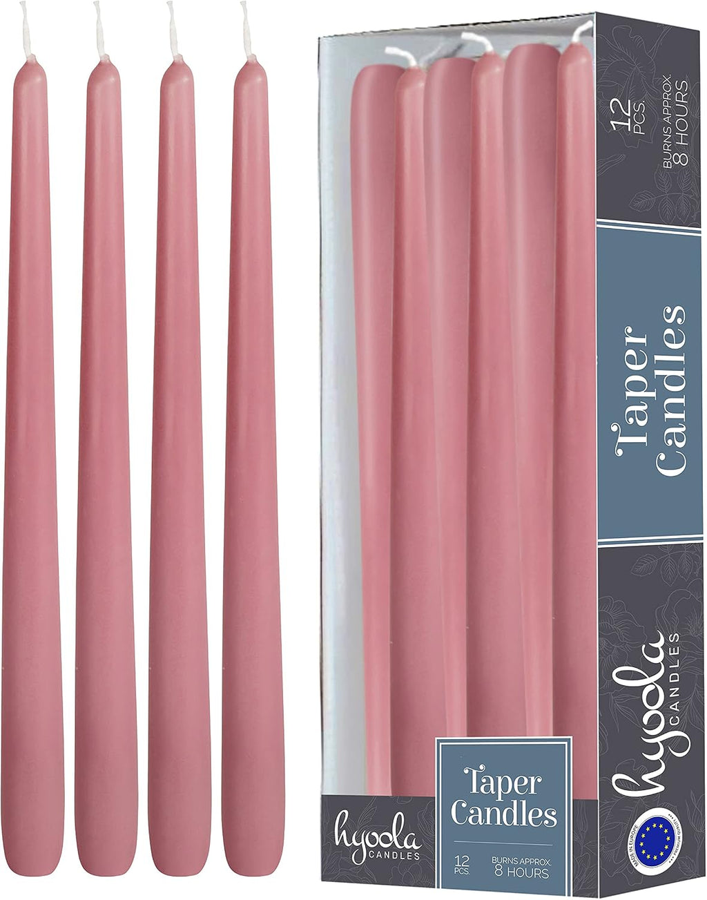 Hyoola 12 Pack Tall Taper Candles - 10 Inch Rose Pink Dripless, Unscented Dinner Candle - Paraffin Wax with Cotton Wicks - 8 Hour Burn Time