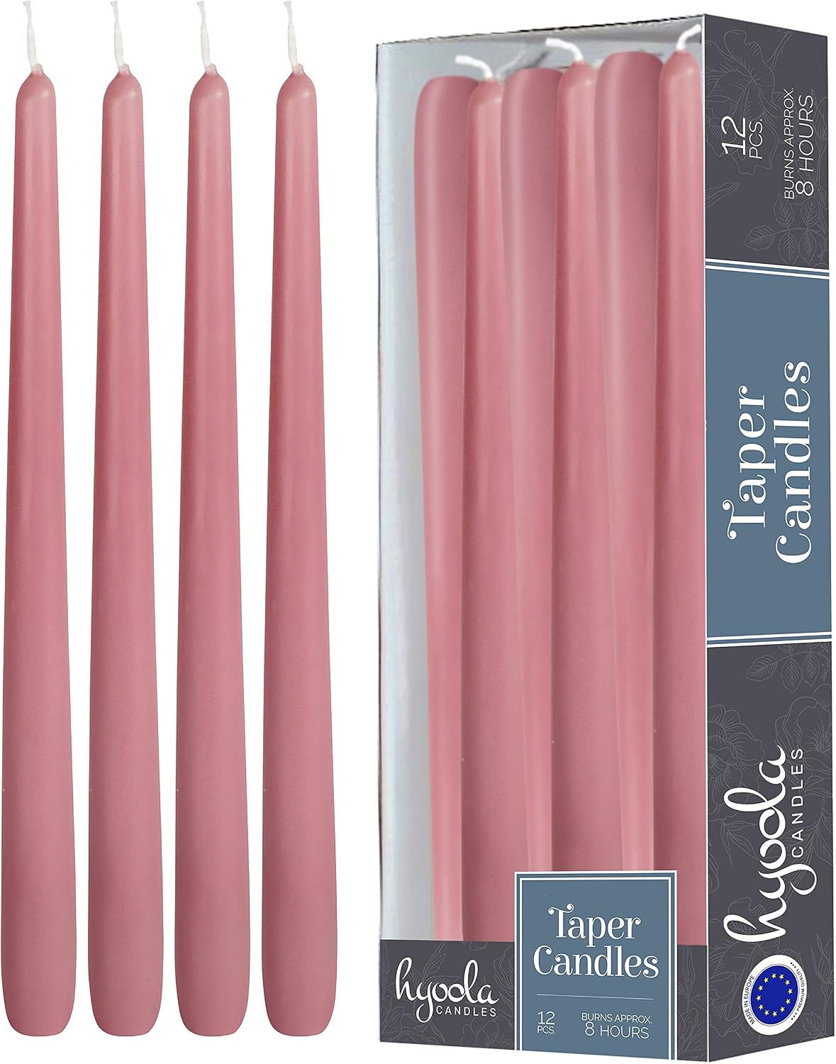 Hyoola 12 Pack Tall Taper Candles - 10 Inch Rose Pink Dripless, Unscented Dinner Candle - Paraffin Wax with Cotton Wicks - 8 Hour Burn Time