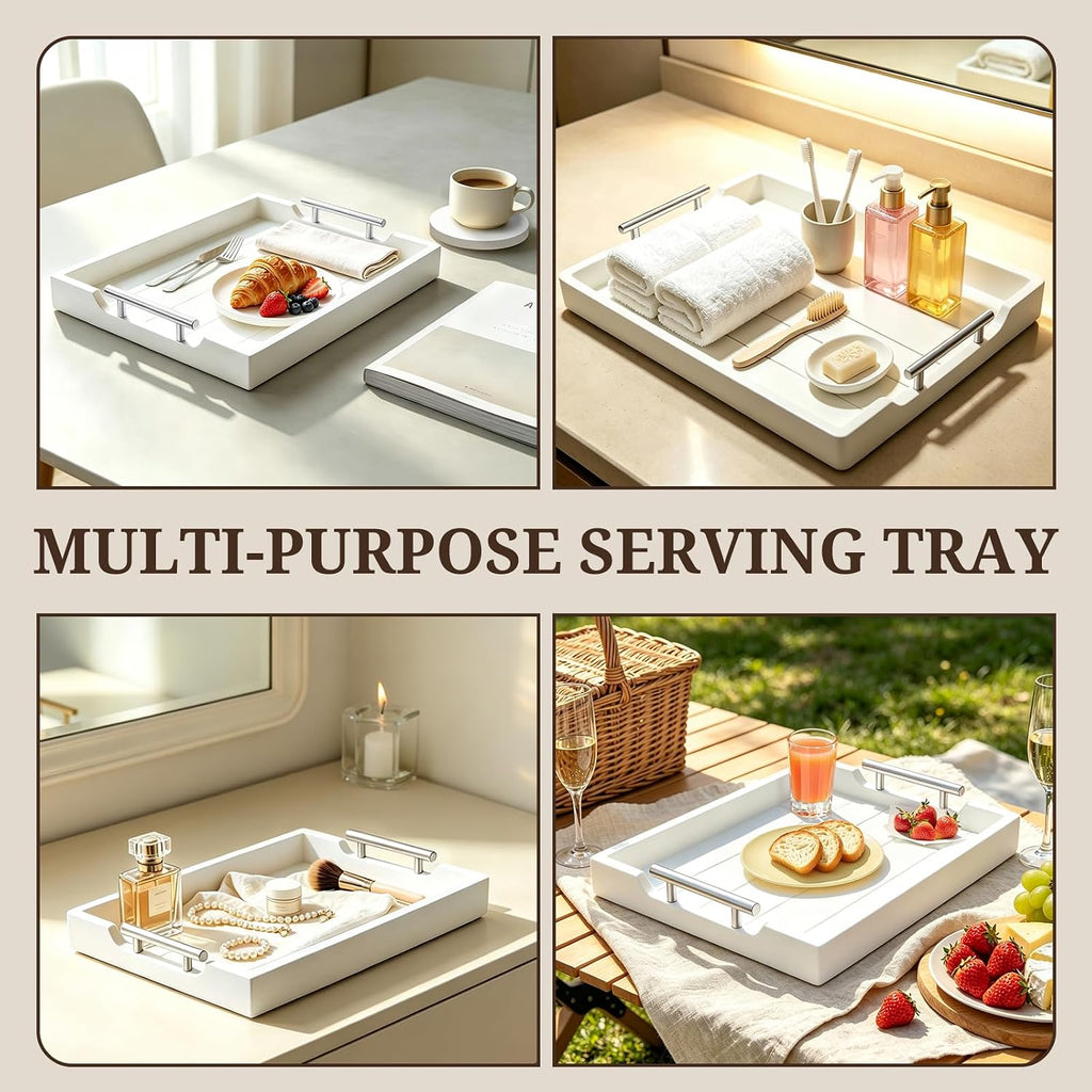 SXNOWS Set of 2 Wood Serving Trays with Black and Silver Handles